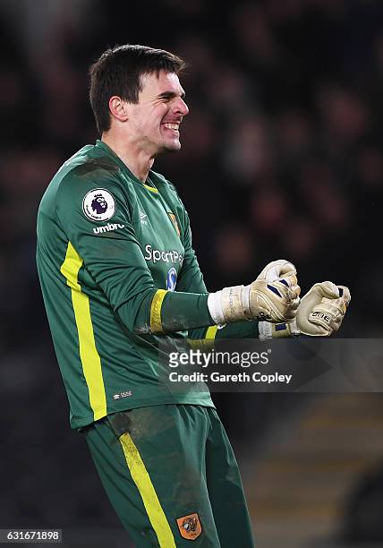 Eldin Jakupovic of Hull City celebrates after the game during the Premier League match between Hull City and AFC Bournemouth at KCOM Stadium on...