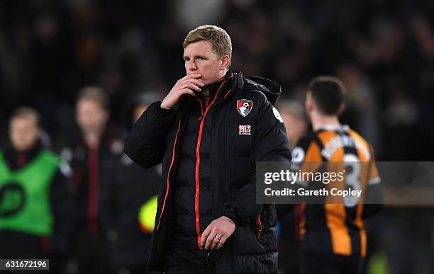 Eddie Howe, Manager of AFC Bournemouh reacts after the Premier League match between Hull City and AFC Bournemouth at KCOM Stadium on January 14, 2017...