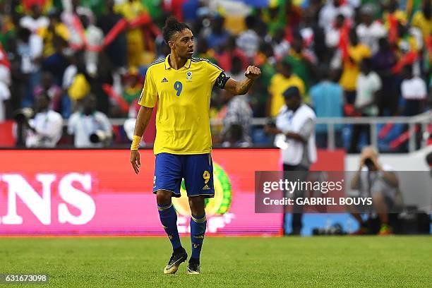 Gabon's forward Pierre-Emerick Aubameyang celebrates after scoring a goal during the 2017 Africa Cup of Nations group A football match between Gabon...