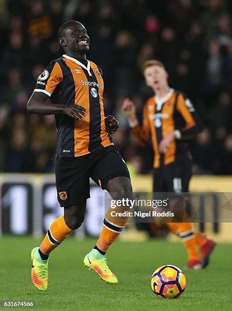 Oumar Niasse of Hull City in action during the Premier League match between Hull City and AFC Bournemouth at KCOM Stadium on January 14, 2017 in...