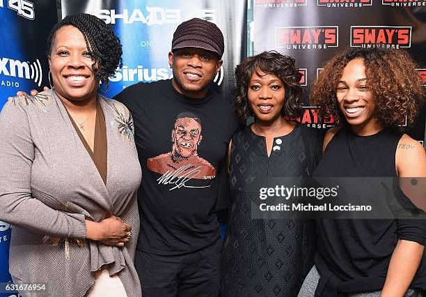 Co-host Heather B. Gardner, host Sway, actress Alfre Woodard, and co-host Tracy G pose following the Sway in the Morning on Shade 45 show at SiriusXM...