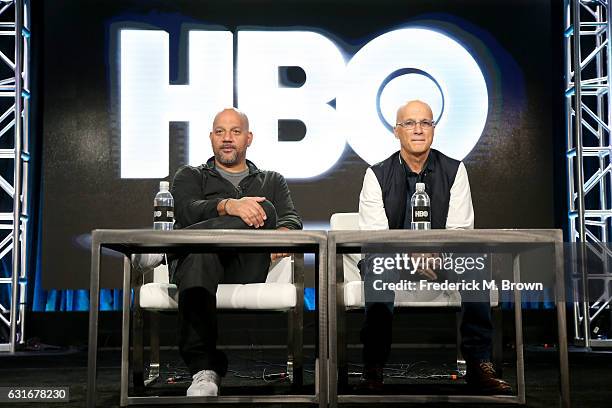 Executive producer/writer/director Allen Hughes and record producer Jimmy Iovine of the documentary 'The Defiant Ones' speak onstage during the HBO...