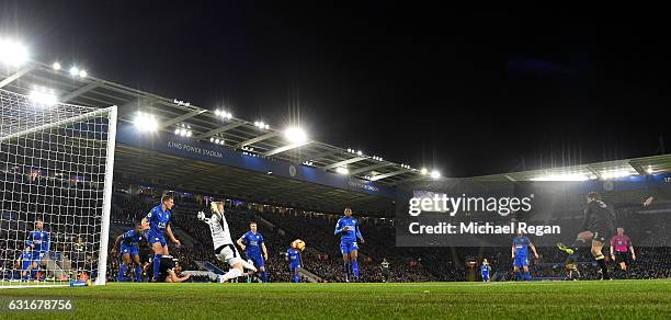 Marcos Alonso of Chelsea scores the opening goal during the Premier League match between Leicester City and Chelsea at The King Power Stadium on...