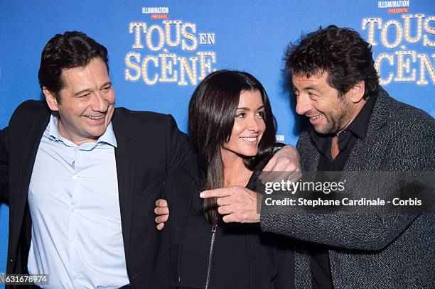 Laurent Gerra, Jenifer Bartoli and Patrick Bruel attend the "Tous en Scene" Paris Premiere at Le Grand Rex on January 14, 2017 in Paris, France.