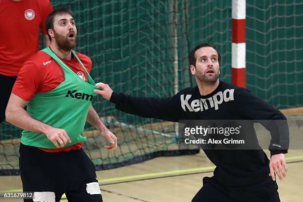 Goalkeepers Silvio Heinevetter and Andreas Wolff attend a Germany training session at Germinal during the 25th IHF Men's World Championship 2017 on...