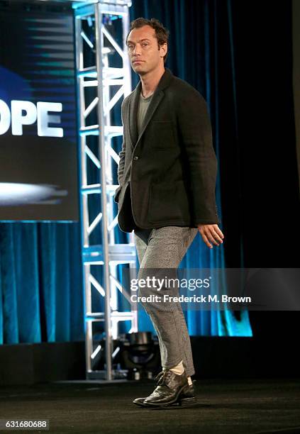 Actor Jude Law of the series 'The Young Pope' speaks onstage during the HBO portion of the 2017 Winter Television Critics Association Press Tour at...