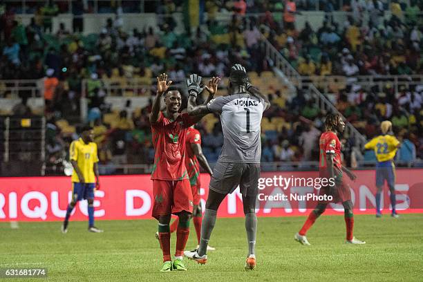 Jonas Asvedo Mendes and Juary Marinho Soares celebrating the 1-1 result during the second half at African Cup of Nations 2017 between Gabon and...