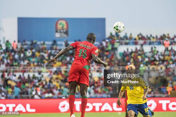 Anthony Léandre Mfa Mezui defending against Bocundji Ca during the second half at African Cup of Nations 2017 between Gabon and Guinea-Bissau at...