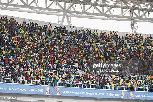 Gabon fans celebrating their team scoring to 1-0 during the second half at African Cup of Nations 2017 between Gabon and Guinea-Bissau at Stade de...