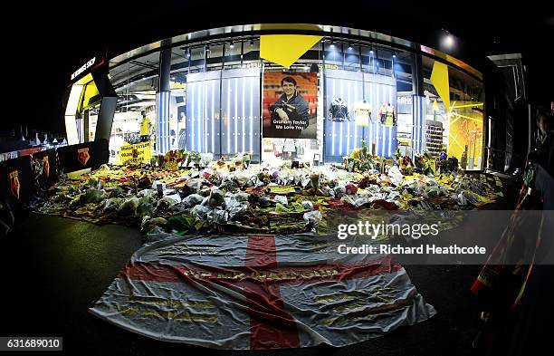 View of the tributes left by Watford fans for former manager Graham Taylor outisde the stadium after the Premier League match between Watford and...