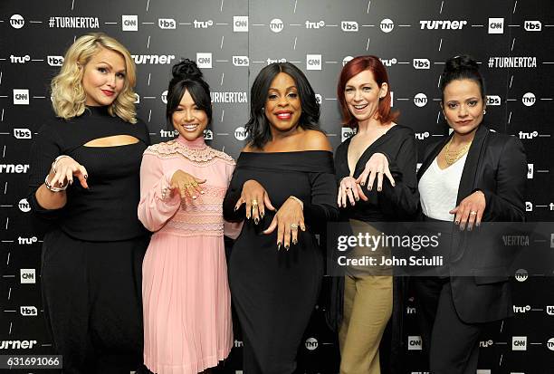 Actresses Jenn Lyon, Karrueche Tran, Niecy Nash, Carrie Preston and Judy Reyes of 'Claws' pose in the green room during the TCA Turner Winter Press...