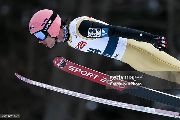 Manuel Fettner competes during the men's ski jumping World Cup in Wisla, Poland, on January 14, 2017.