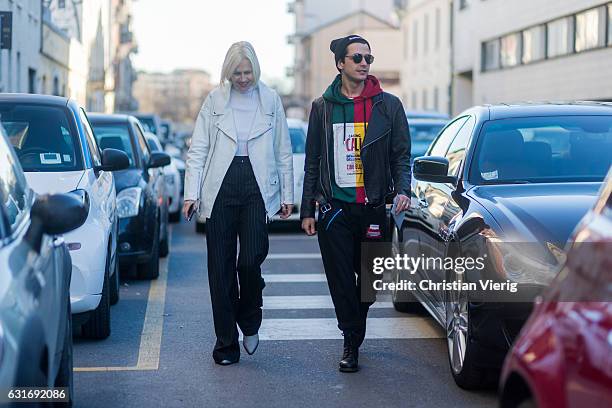 Linda Tol and Alessandro Enriquez seen at Diesel during Milan Men's Fashion Week Fall/Winter 2017/18 on January 14, 2017 in Milan, Italy.