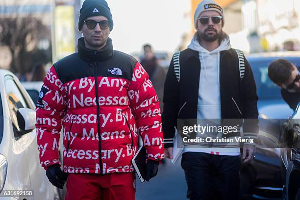 Alessandro Altomare wearing a North Face down feather jacket is seen at Diesel during Milan Men's Fashion Week Fall/Winter 2017/18 on January 14,...