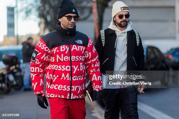 Alessandro Altomare wearing a North Face down feather jacket is seen at Diesel during Milan Men's Fashion Week Fall/Winter 2017/18 on January 14,...