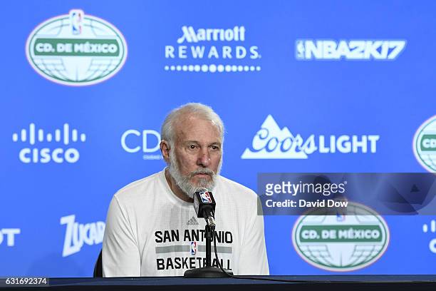 Gregg Popovich of the San Antonio Spurs talks to the media during a press conference before the game against the Phoenix Suns as part of NBA Global...