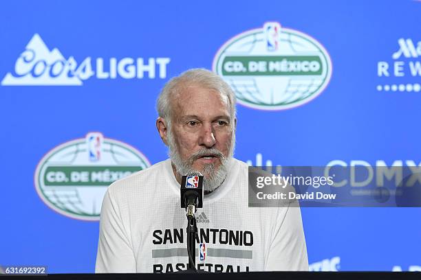 Gregg Popovich of the San Antonio Spurs talks to the media during a press conference before the game against the Phoenix Suns as part of NBA Global...