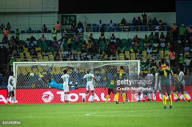 Benjamin Moukandjo scoring during first half at African Cup of Nations 2017 between Burkina Faso and Cameroon at Stade de lAmitié Sino stadium,...