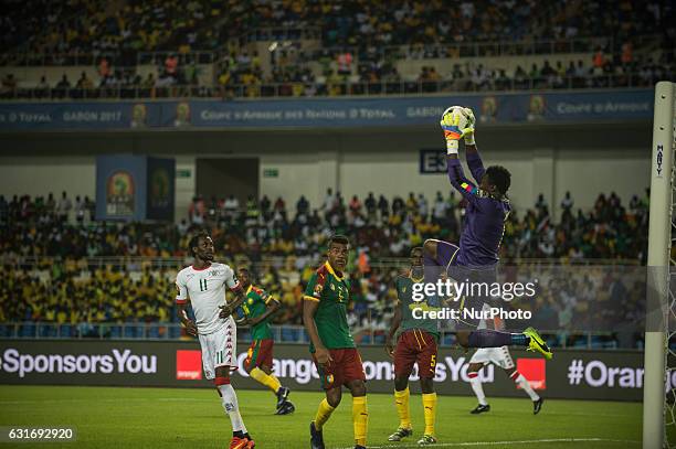 Joseph Fabrice Ondoa Ebogo saving a shoot during first half at African Cup of Nations 2017 between Burkina Faso and Cameroon at Stade de lAmitié Sino...