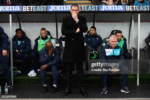 Swansea manager Paul Clement reacts during the Premier League match between Swansea City and Arsenal at Liberty Stadium on January 14, 2017 in...