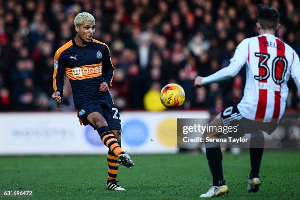 DeAndre Yedlin of Newcastle United passes the ball during the Championship Match between Brentford and Newcastle United at Griffin Park on January...