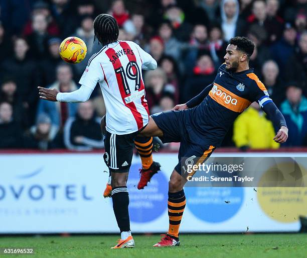 Jamaal Lascelles of Newcastle United kicks the ball during the Championship Match between Brentford and Newcastle United at Griffin Park on January...