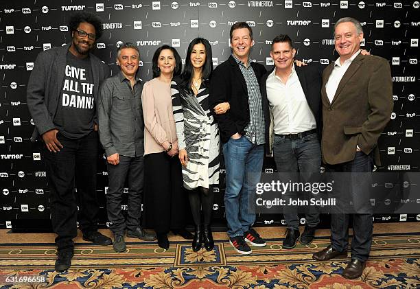 Kamau Bell, Reza Aslan, EVP of Talent and Content Development, CNN Worldwide, Amy Entelis, Lisa Ling, Sean Hayes, Todd Milliner and Mark Herzog pose...