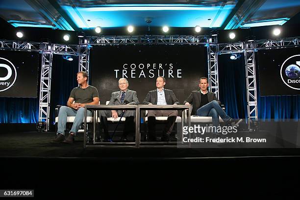 Darrell Miklos, Jerry Roberts and executive producers Ari Mark and Darryl Frank of the docuseries 'Cooper's Treasure' speak onstage during the...