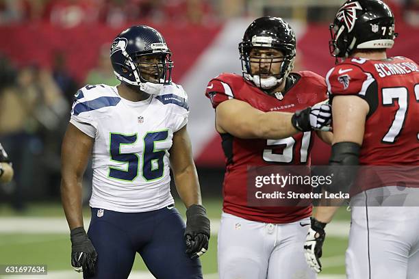 Cliff Avril of the Seattle Seahawks reacts after a play against the Atlanta Falcons at the Georgia Dome on January 14, 2017 in Atlanta, Georgia.