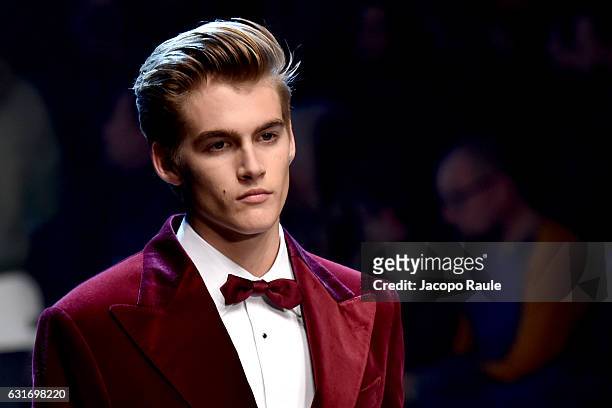 Presley Gerber walks the runway at the Dolce & Gabbana show during Milan Men's Fashion Week Fall/Winter 2017/18 on January 14, 2017 in Milan, Italy.