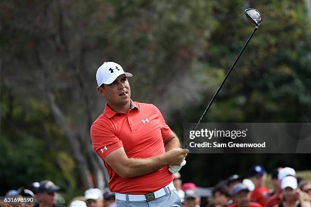 Gary Woodland of the United States plays his shot from the first tee during the third round of the Sony Open In Hawaii at Waialae Country Club on...