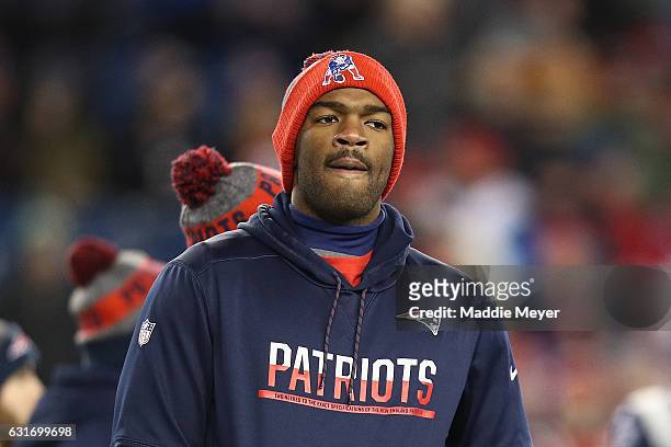 Jacoby Brissett of the New England Patriots looks on prior to the AFC Divisional Playoff Game against the Houston Texans at Gillette Stadium on...