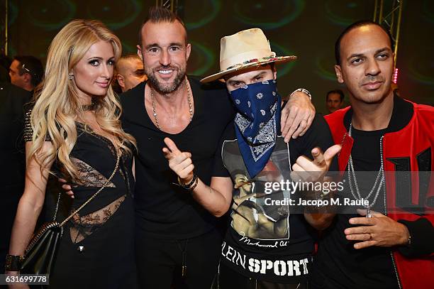 Paris Hilton, Philipp Plein, Alec Monopoly and guest attend the Plein Sport party during Milan Men's Fashion Week Fall/Winter 2017/18 on January 14,...