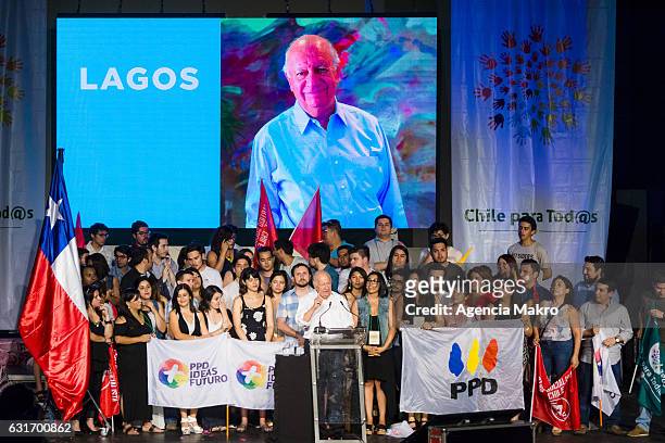 Former Chilean President Ricardo Lagos gives a speech after being proclaimed presidential candidate by the Party for Democracy, for the 2017...