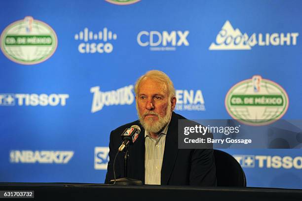 Gregg Popovich of the San Antonio Spurs talks to the media during a press conference after the game against the Phoenix Suns as part of NBA Global...