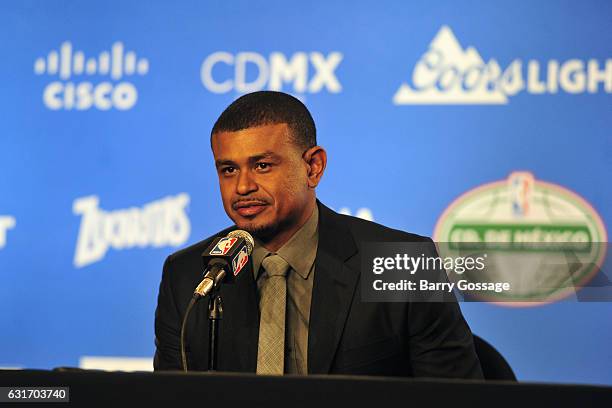 Earl Watson of the Phoenix Suns talks to the media during a press conference after the game against the San Antonio Spurs as part of NBA Global Games...