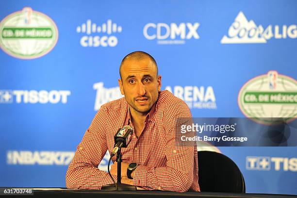 Manu Ginobili of the San Antonio Spurs talks to the media during a press conference after the game against the Phoenix Suns as part of NBA Global...