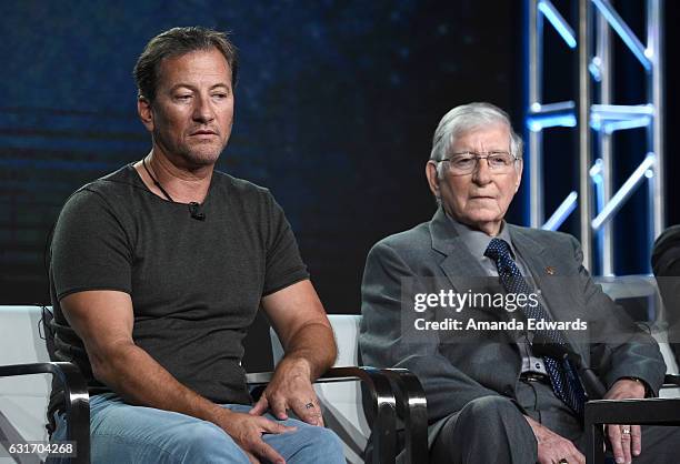 Darrell Miklos and McDonnell Douglas Engineer Jerry Roberts speak onstage during the 'Cooper's Treasure' panel at Discovery Communications Winter TCA...