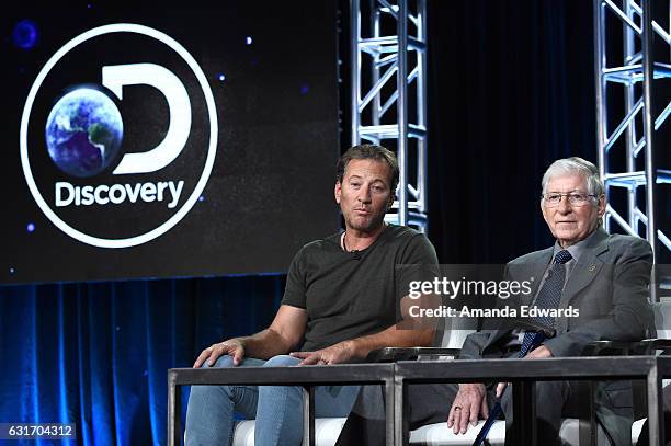 Darrell Miklos and McDonnell Douglas Engineer Jerry Roberts speak onstage during the 'Cooper's Treasure' panel at Discovery Communications Winter TCA...