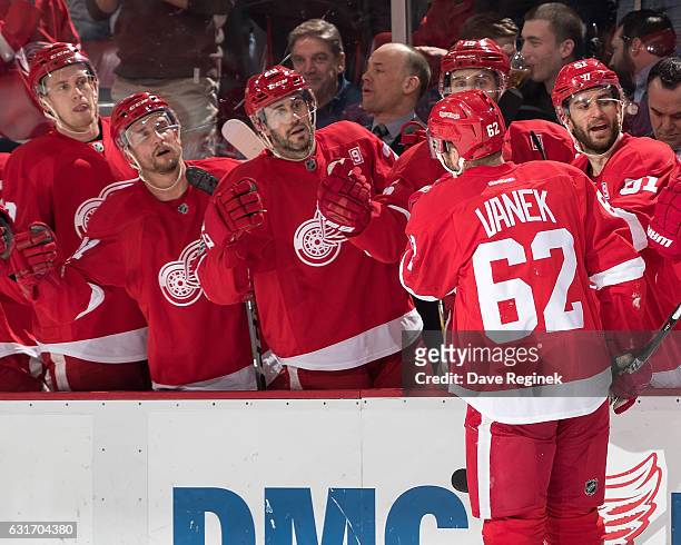 Thomas Vanek of the Detroit Red Wings pounds gloves with teammates on the bench following his second period goal during an NHL game against the...