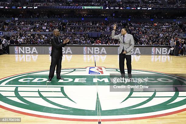 Former NBA players, Gary Payton and Shawn Marion wave to crowd during the San Antonio Spurs game against the Phoenix Suns as part of NBA Global Games...