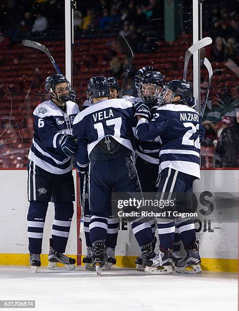 Shane Eiserman of the New Hampshire Wildcats celebrates his goal against the Northeastern Huskies with his teammates Ara Nazarian, Marcus Vela,...