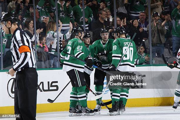 Esa Lindell, Jiri Hudler, Devin Shore, John Klingberg and Jason Spezza of the Dallas Stars celebrate a goal against the Minnesota Wild at the...