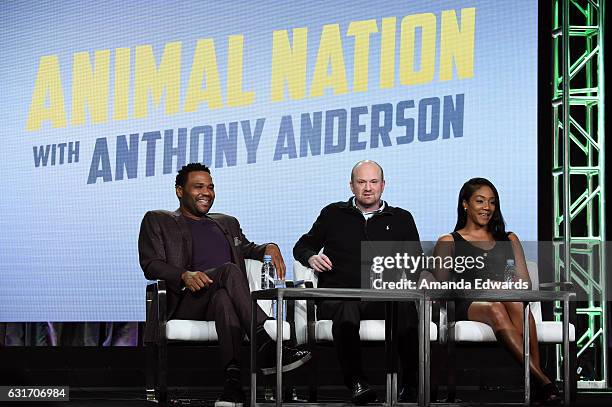 Host Anthony Anderson, Brian Volk-Weiss, Executive Producer and President of Comedy Dynamics and Tiffany Haddish, Co-Host Tina the Brain Coral speaks...