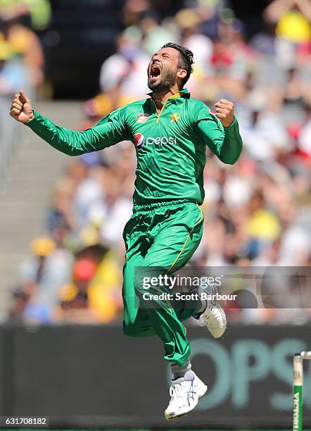 Junaid Khan of Pakistan celebrates after dismissing Usman Khawaja of Australia during game two of the One Day International series between Australia...