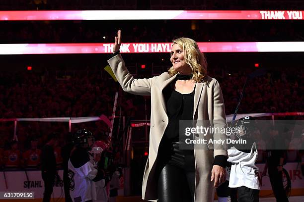 Hayley Wickenheiser walks out onto the ice for her retirement ceremony prior to the game between the Edmonton Oilers and the Calgary Flames on...