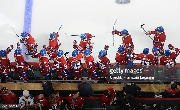 Brian Flynn, Paul Byron, Phillip Danault, Alexei Emelin and Shea Weber of the Montreal Canadiens celebrate with the bench after scoring a goal...