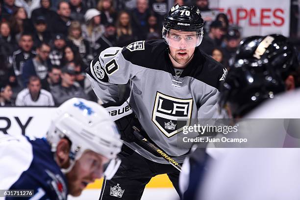 Tanner Pearson of the Los Angeles Kings lines up for a face-off during the game against the Winnipeg Jets on January 14, 2017 at Staples Center in...