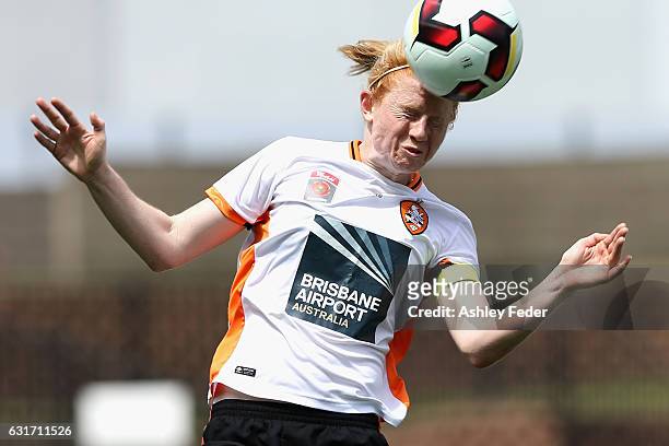 Clare Polkinghorne of the Roar heads the ball during the round 12 W-League match between the Newcastle Jets and the Brisbane Roar at McDonald Jones...