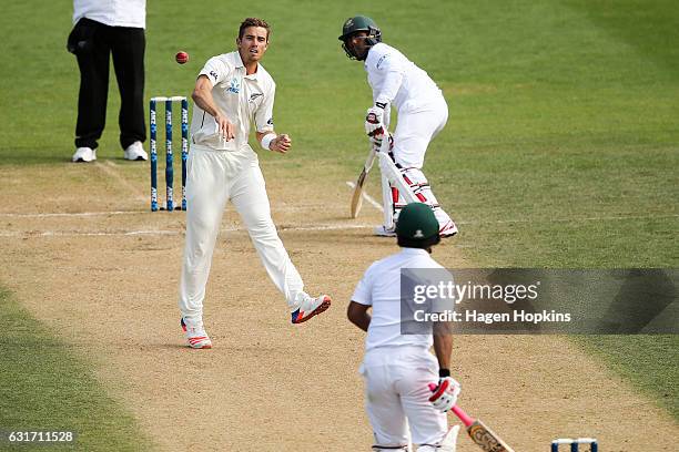 Tim Southee of New Zealand fields before striking Tamim Iqbal of Bangladesh with the ball during day four of the First Test match between New Zealand...